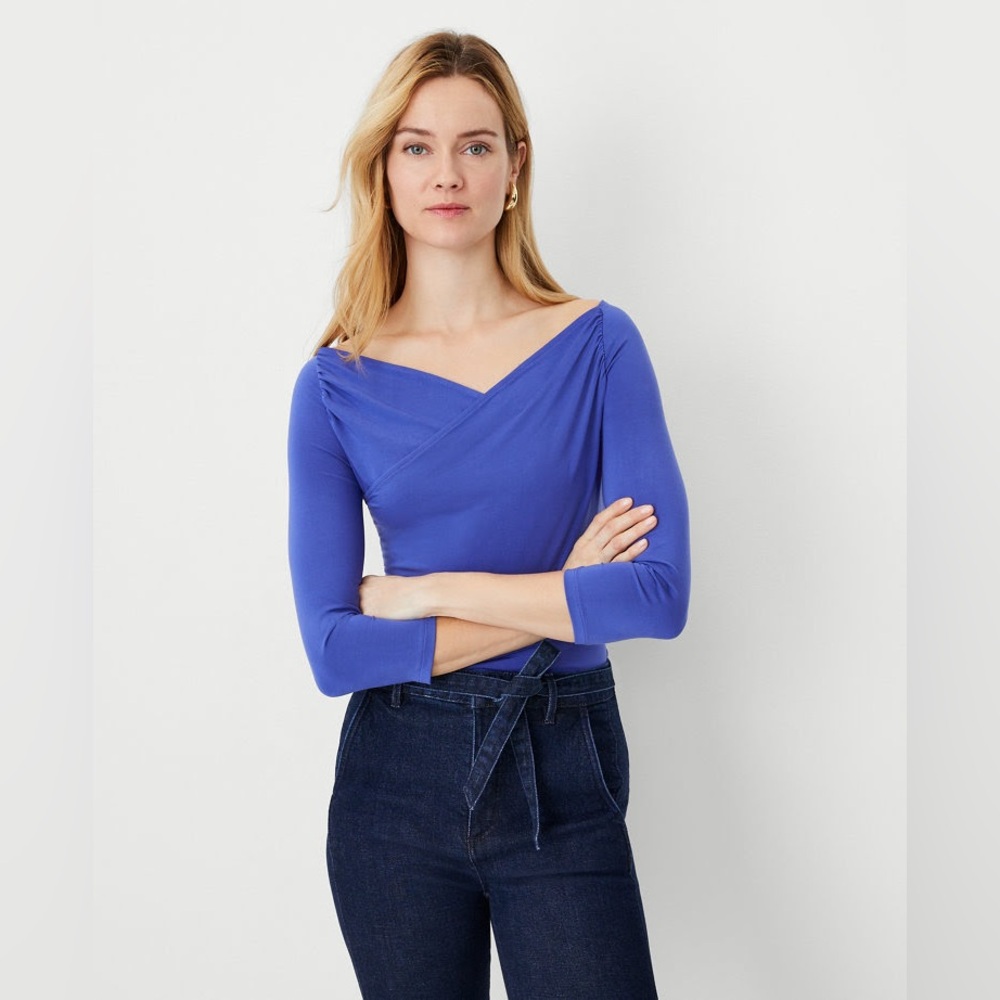 NWOT Ann Taylor Shirred Knit Wrap top in azurine blue, XS